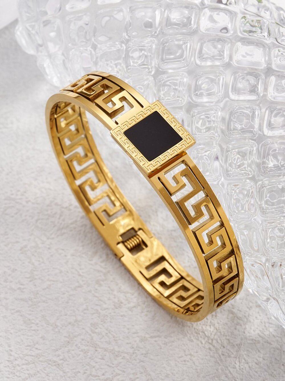18k Gold Plated Stainless Steel Greek Key Black Enamel Bangle Bracelet Jewelry